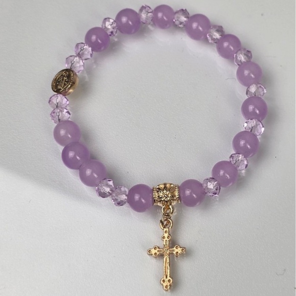 8mm Purple Glass Beads Bracelet Goldtone Cross St Benedict Charm‎